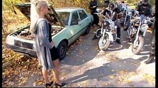 Bikers banged blonde MILF in forest