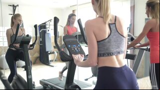 In the gym, Nancy A gets horny riding the stationary cycle. 