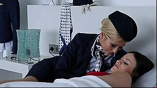 Gorgeous lesbian duo with a flight attendant